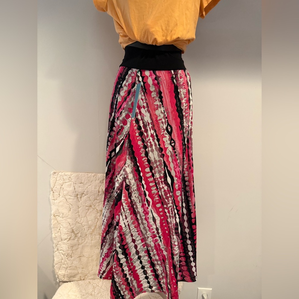 Pink Printed Maxi Skirt with Black Waistband m